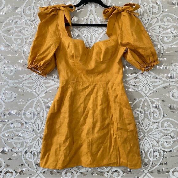 REFORMATION Yellow Ochre Spring Bow Sleeve Linen Mini Dress 2 - Picture 5 of 12